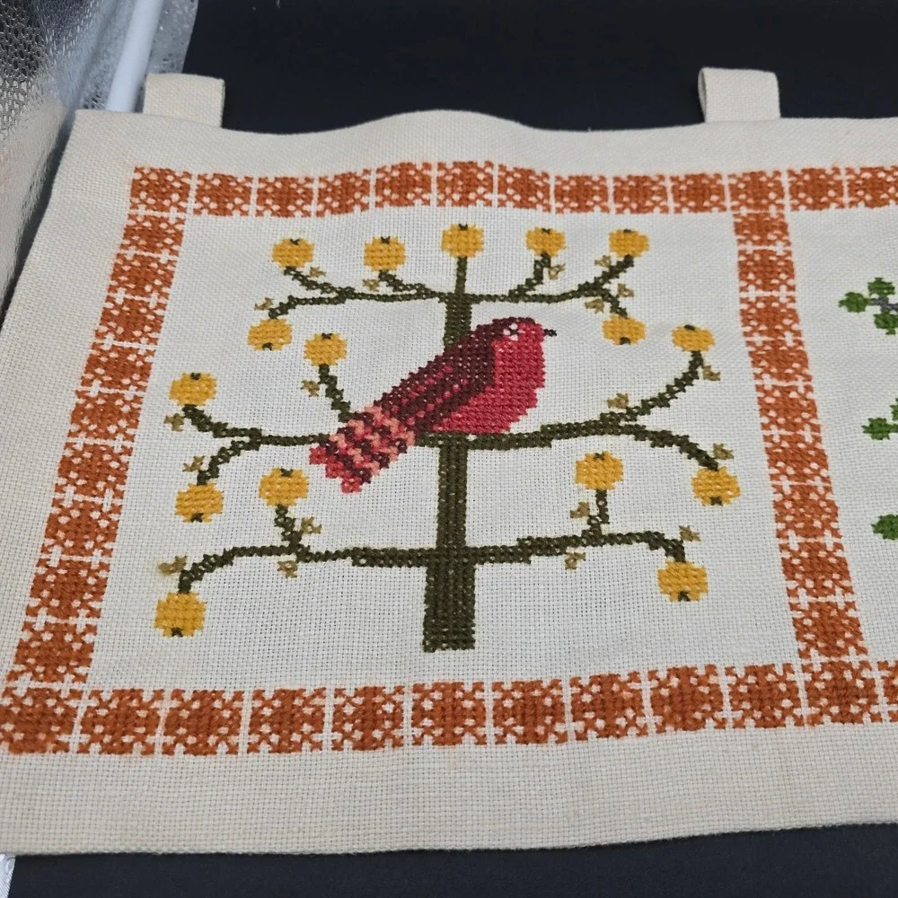 Vintage Handmade Needlepoint Bird Wall Hanging Cross Stitch Folk Art 3 Panel